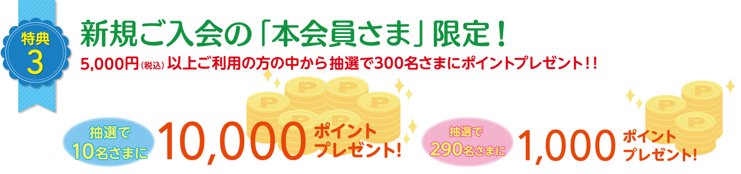 特典3 新規ご入会の本会員さま限定！／5,000円（税込）以上ご利用の方中から抽選で300名さまにポイントプレゼント!!
