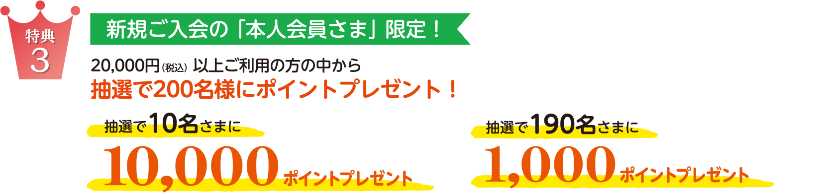 特典3 新規ご入会の「本人会員さま」限定！／20,000円（税込）以上ご利用の方の中から、抽選で200名さまにポイントプレゼント！！
